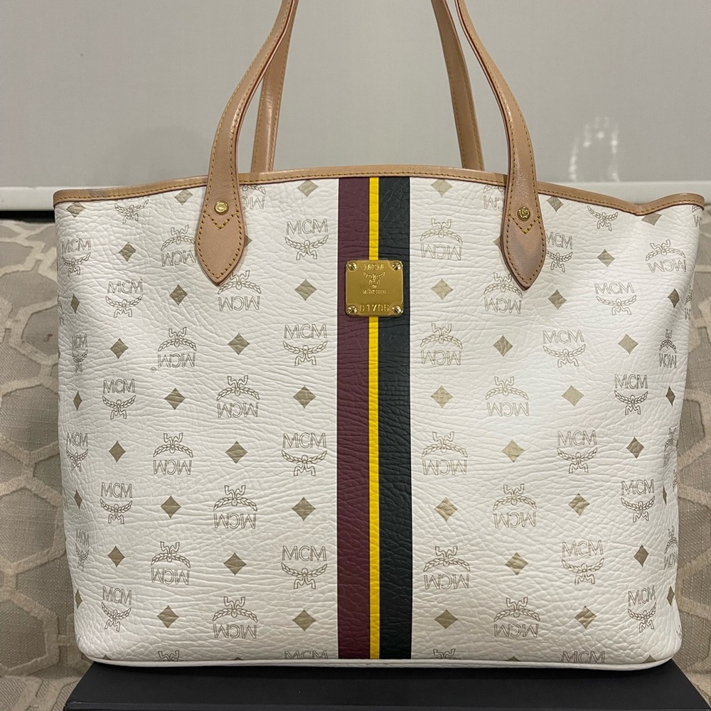 MCM White Canvas Monogram Tote with Brown Leather Trim and Yellow-Black Stripe - Picture 3 of 7
